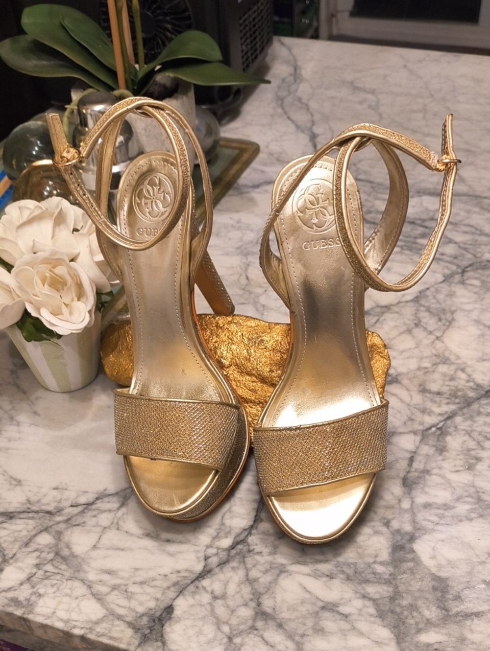 Guess Metallic Gold Tone Texture Strappy High-Heel Sandals
